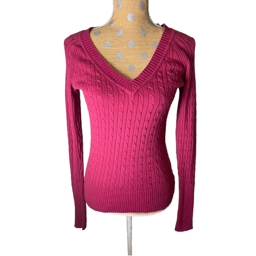 American Eagle Out. VtG Y2K V-Neck Cable Knit Sweater Preppy Mallcore